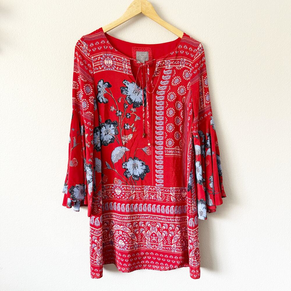 ANTHROPOLOGIE x VANESSA VIRGINIA | Floral Bell Sleeve Peasant Dress Silk | 10 - Picture 2 of 9